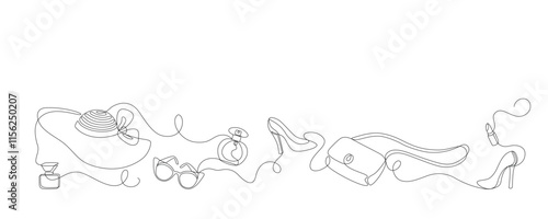 Women accessories drawn with continuous line in minimalism, abstract style, hat, bag, sunglasses, stiletto heeled shoes, perfume, lipstick, copy space, one line, editable vector contour