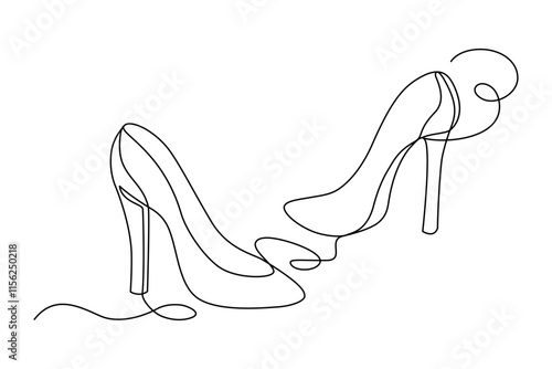 Elegant stiletto heeled boat shoes drawn with a continuous line in minimalism, abstract style, women shoes, high heel, single line, editable vector contour