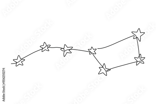 Constellation drawn with continuous line in minimalism, abstract style, Ursa Major, outer space, universe, one line, editable vector contour