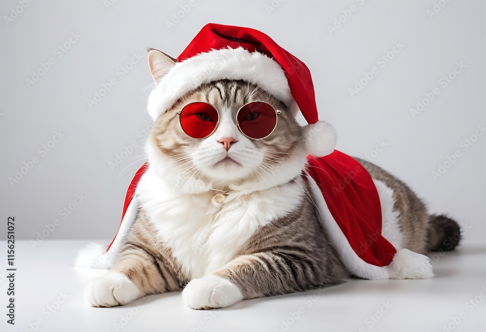 Naklejka premium A Stylish Cat in a Santa Outfit Wearing Sunglasses. Generative AI