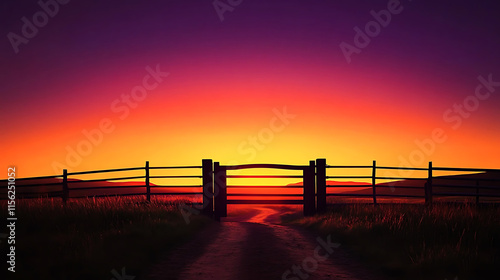 dramatic ranch gate silhouetted against fiery orange sunset, creating serene and captivating scene