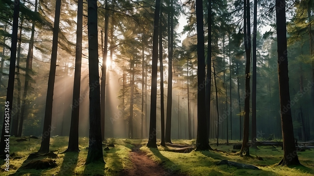 Obraz premium Quiet morning in a forest. Generative ai.