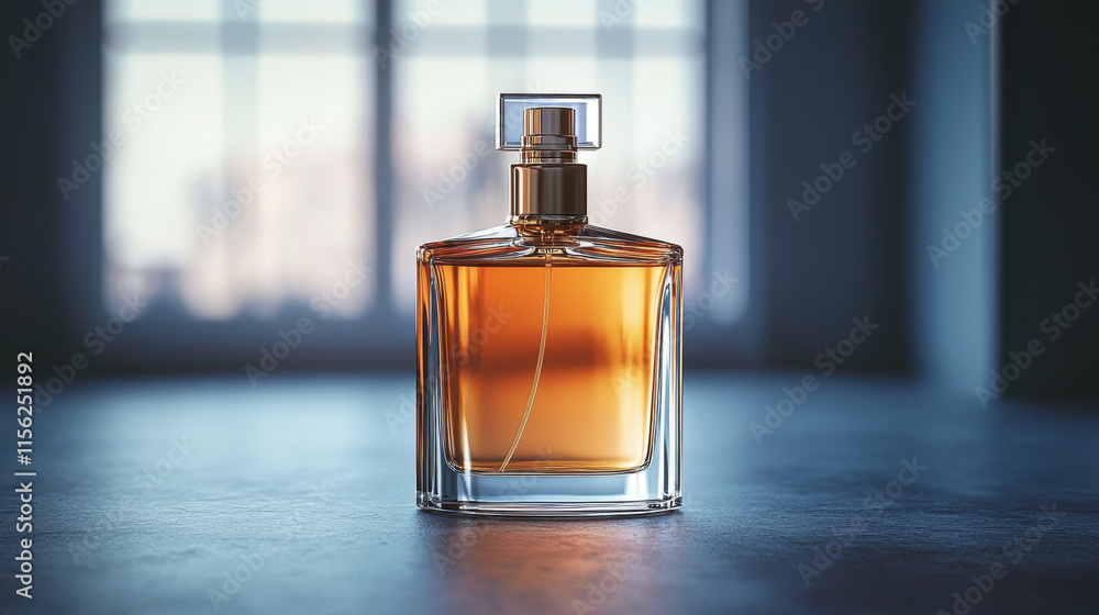 Elegant bottle of cologne with amber liquid, set against soft focus background, exuding sophistication and luxury in modern space