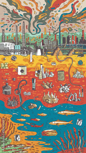 Abstract art of Bad Pollution rampant throughout water air soil and habitat destruction toxic poison spill