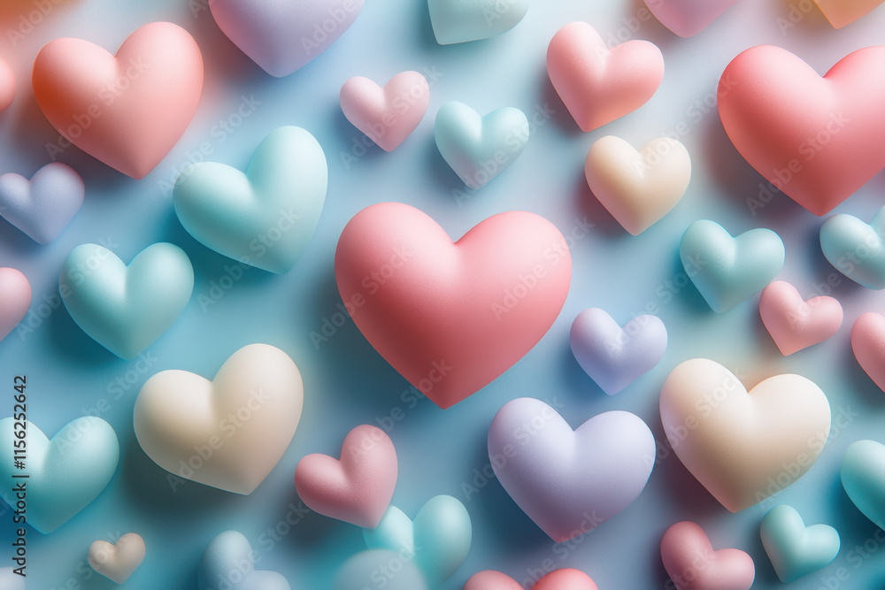 Chic kawaii romantic background with pastel hearts in various colors, creating whimsical and joyful atmosphere. Perfect for celebrations and love themed designs Chic kawaii romantic background with pastel hearts in various colors, creating whimsical and joyful atmosphere. Perfect for celebrations and love themed designs