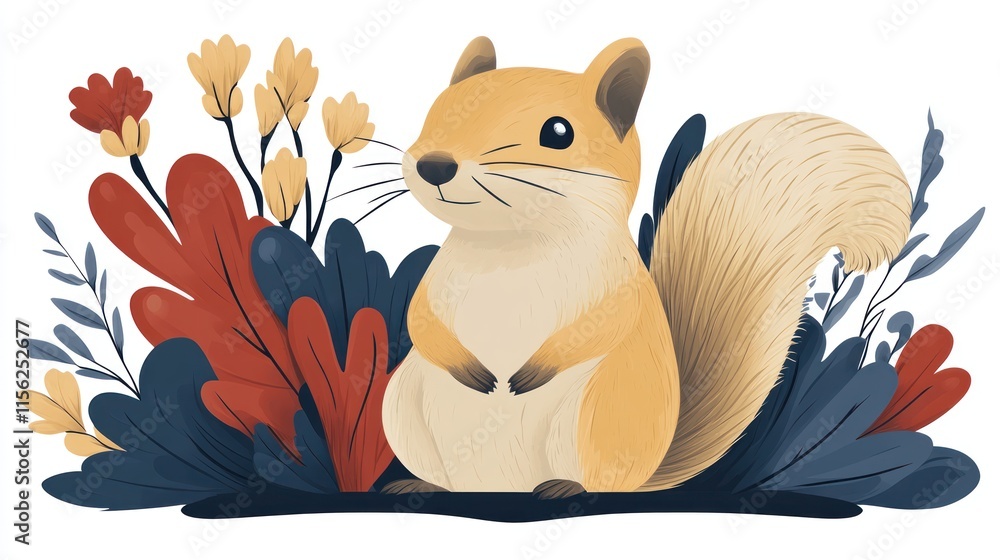 Fototapeta premium Squirrel with folk art style leaves and floral pattern