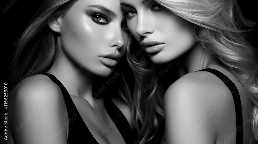 Two beautiful blonde models with long hair, posing together for the camera, wearing black tank tops and glamorous makeup. Two beautiful blonde models with long hair, posing together for the camera, wearing black tank tops and glamorous makeup.