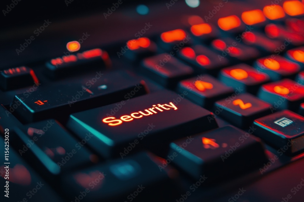 Illuminated Keyboard Key with Word Security Highlighted on Dark Background for Cyber Protection Illuminated Keyboard Key with Word Security Highlighted on Dark Background for Cyber Protection