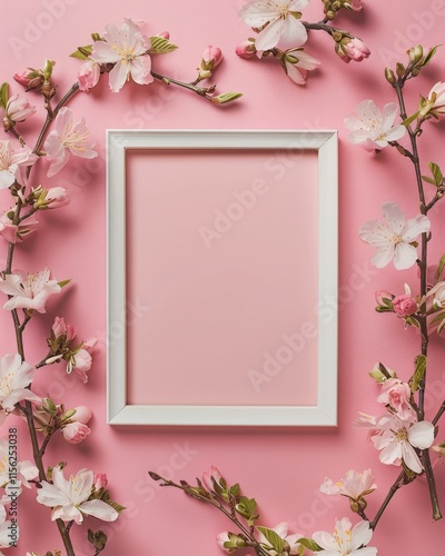 cherry blossom composition. Blank frame for text, and photo. cherry blossom on a pastel pink background. Valentine's Day, Easter, Birthday, Happy Women's Day, Mother's Day. Flat lay, copy space. MZ