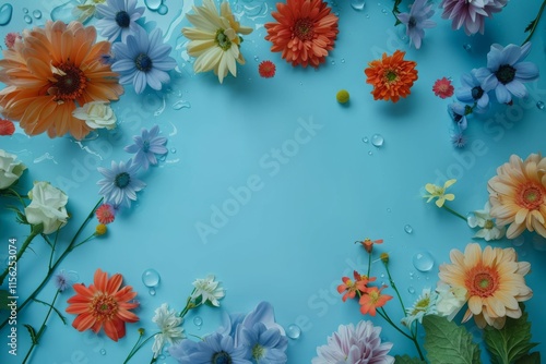 Colorful Flower Frame on Teal Background. MZ