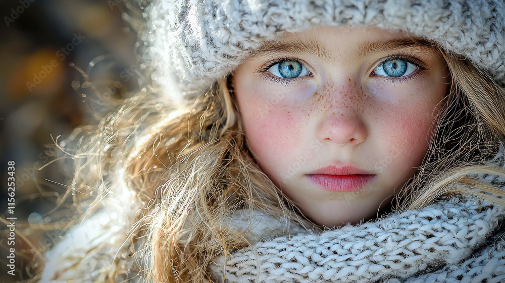 A girl with bright blue eyes wearing a cozy hat and scarf, exuding warmth and charm, perfect for winter or children’s fashion themes. A girl with bright blue eyes wearing a cozy hat and scarf, exuding warmth and charm, perfect for winter or children’s fashion themes.