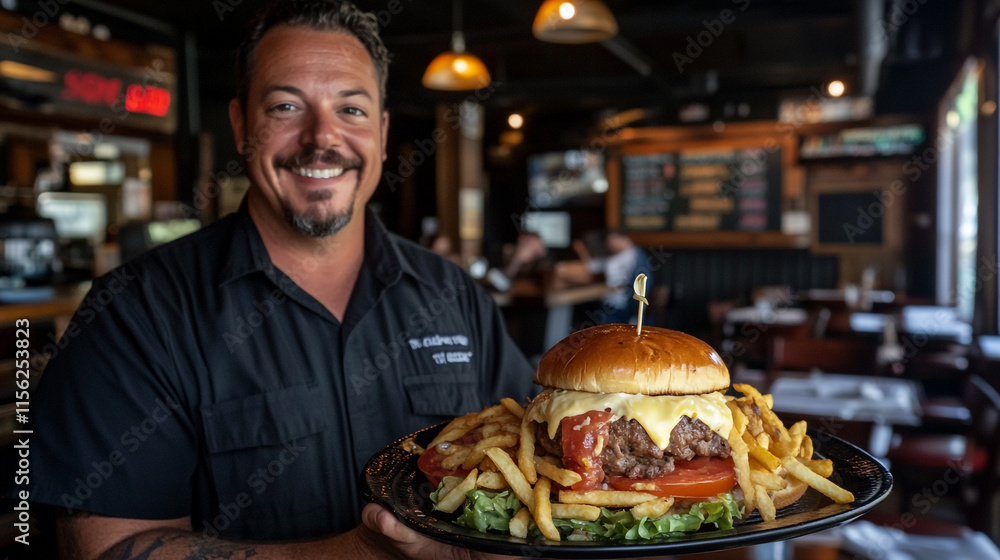 Chef presents a gourmet burger with fries in a lively restaurant setting. Chef presents a gourmet burger with fries in a lively restaurant setting.