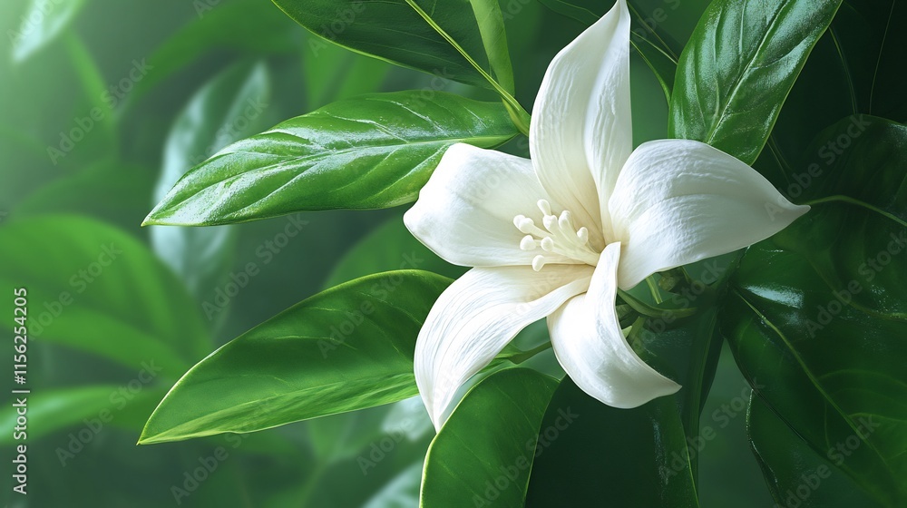 Obraz premium Serene White Flower Blossom Amidst Lush Green Foliage