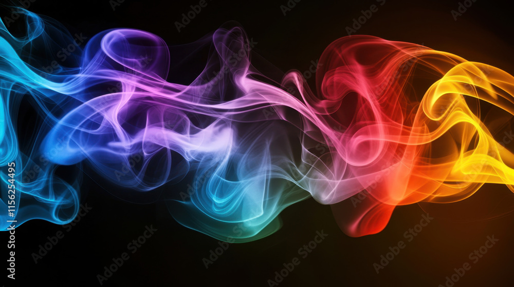 Colorful abstract smoke waves in vibrant hues of blue, pink, purple, and orange create mesmerizing visual effect against dark background. fluid motion evokes sense of energy and creativity Colorful abstract smoke waves in vibrant hues of blue, pink, purple, and orange create mesmerizing visual effect against dark background. fluid motion evokes sense of energy and creativity