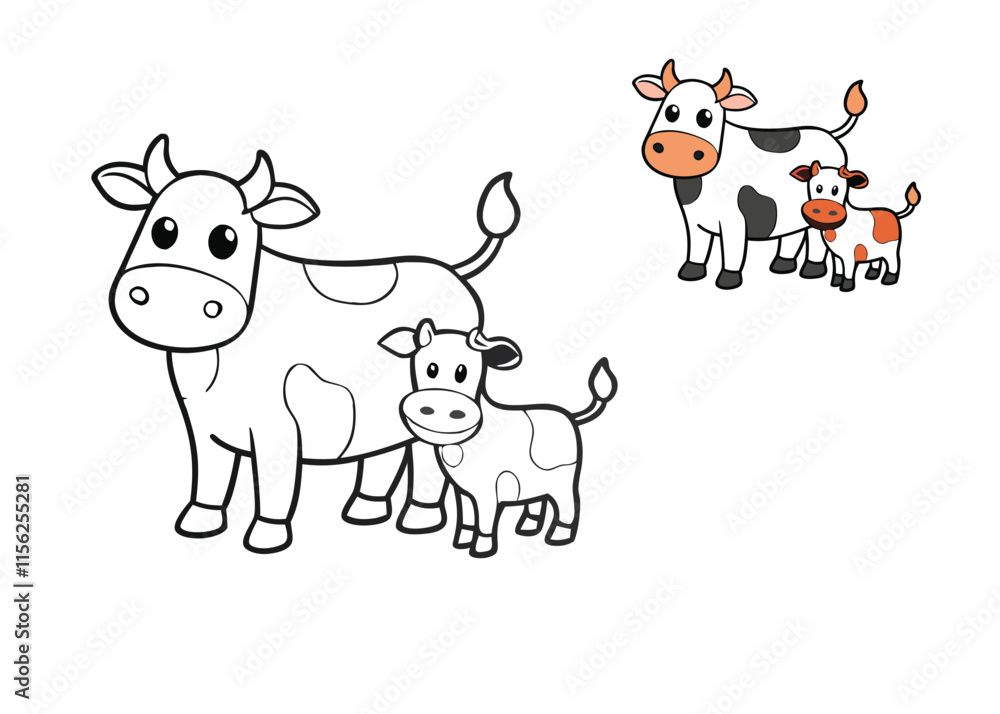 A simple and charming coloring page featuring a cow and its calf, standing together in a peaceful pastoral scene, perfect for young artists to bring to life with color. A simple and charming coloring page featuring a cow and its calf, standing together in a peaceful pastoral scene, perfect for young artists to bring to life with color.