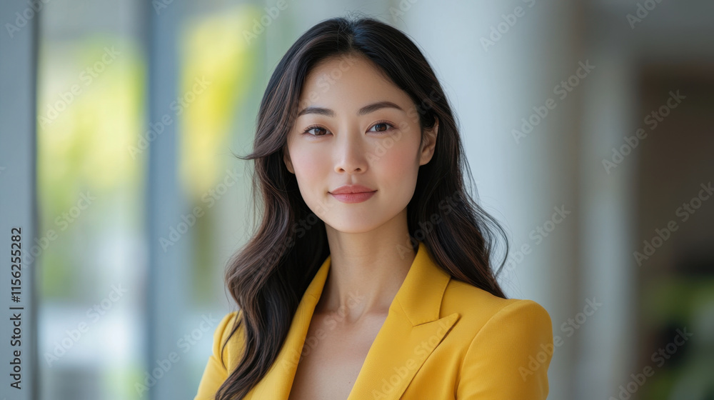 confident Asian woman in yellow blazer poses for corporate photoshoot, showcasing professionalism and elegance in modern office setting confident Asian woman in yellow blazer poses for corporate photoshoot, showcasing professionalism and elegance in modern office setting