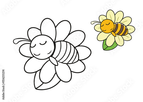 A cute coloring page featuring a bee peacefully sleeping on a vibrant flower, surrounded by soft petals and leaves, perfect for kids to color and relax.