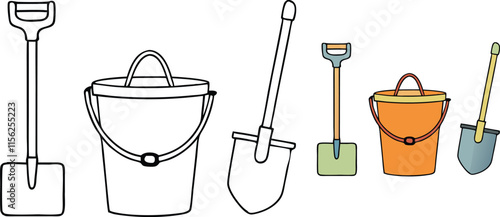 A fun coloring page featuring a bucket, spade, and rake, perfect for kids to color while imagining beach adventures and outdoor play! Bright, simple designs for creative fun.