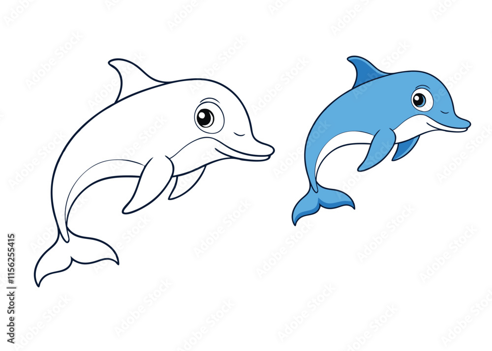 Fototapeta premium A playful dolphin swimming through the ocean, with smooth curves and a joyful expression. Perfect for coloring, featuring ocean waves and friendly sea life elements.