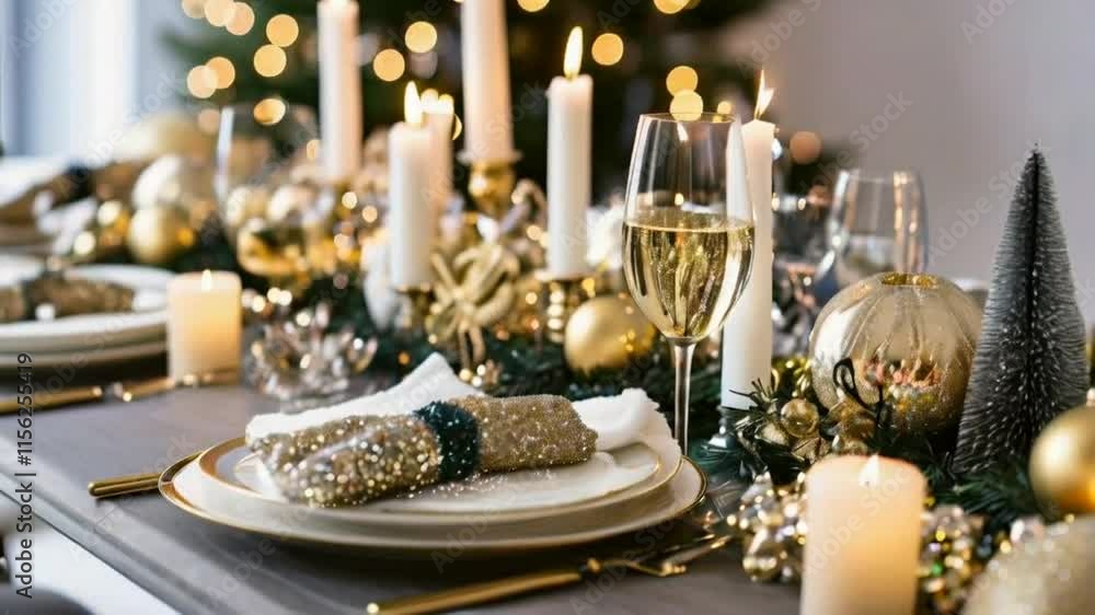 Elegant holiday dining setup with candles, glassware, and festive decor. Elegant holiday dining setup with candles, glassware, and festive decor.
