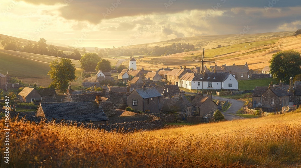 Obraz premium Sunrise over idyllic rural village nestled in valley.
