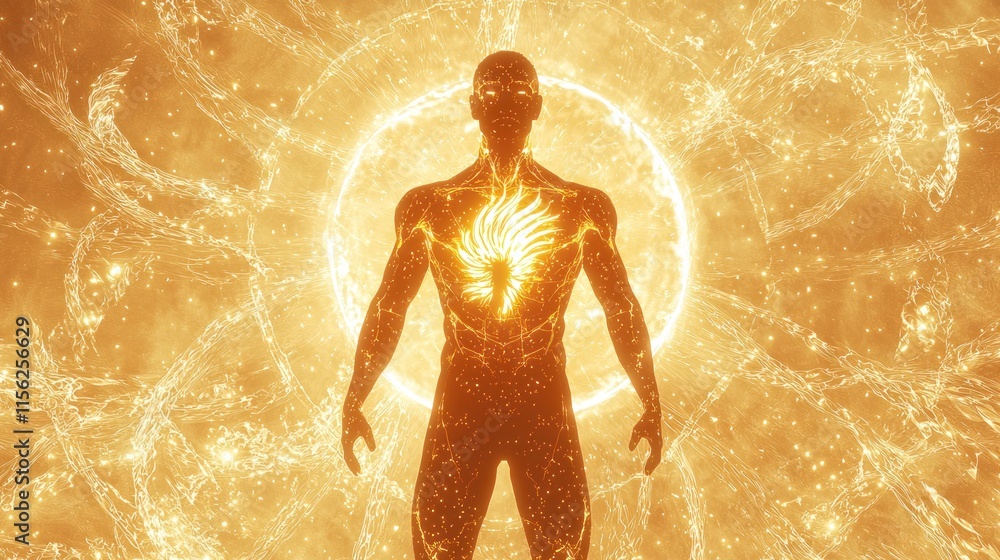 Fototapeta premium Glowing man with fiery heart, cosmic background.