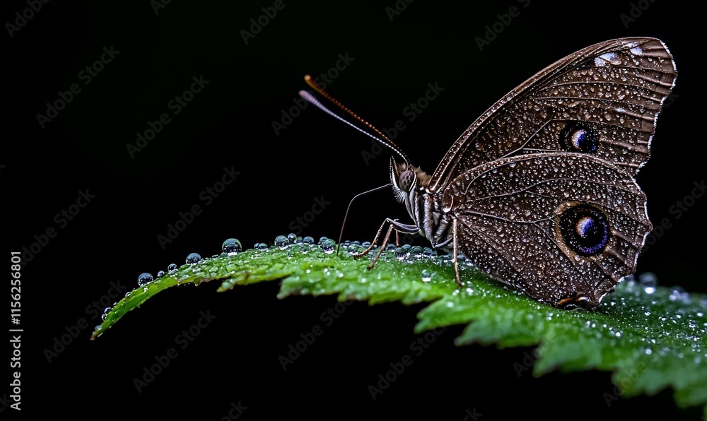 Obraz premium Butterfly resting on a dew-covered leaf.