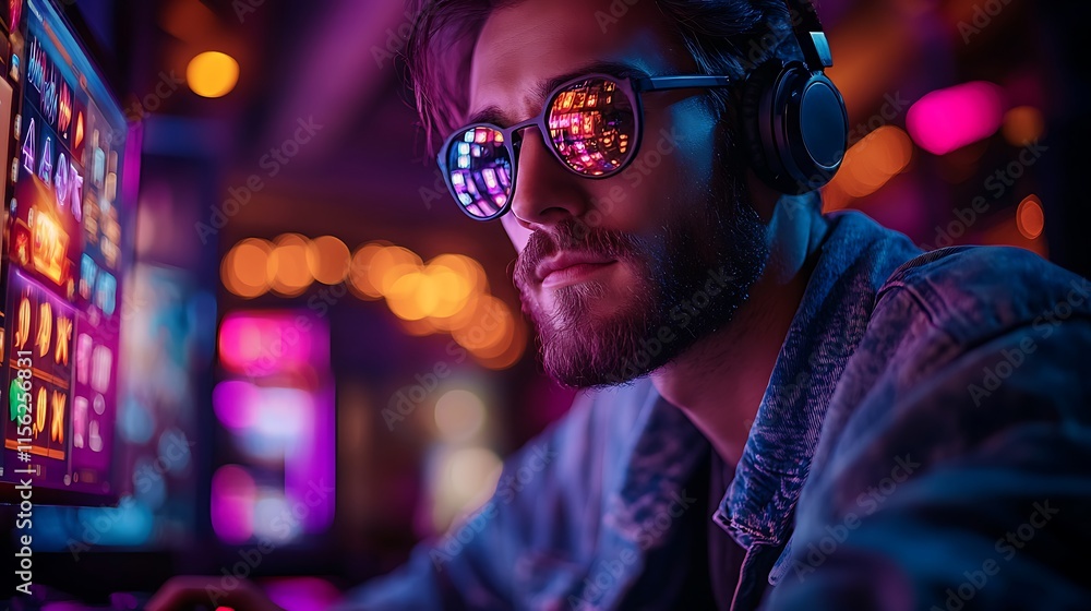 Man Gaming With Headphones and Sunglasses in Neon Light Man Gaming With Headphones and Sunglasses in Neon Light