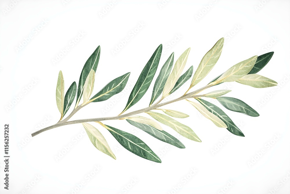 Fototapeta premium Detailed Botanical Illustration of Olive Branch with Green and Yellow Leaves on White Background