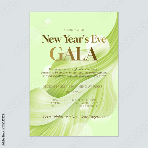 New Year eve gala invitation template features a flowing, abstract design in shades of bright green, evoking a sense of excitement and anticipation for a lively and memorable celebration