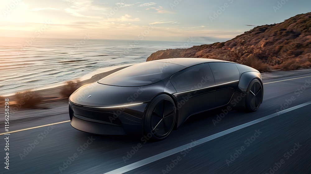 Fototapeta premium Sleek black electric car drives along scenic coastal highway at sunset.