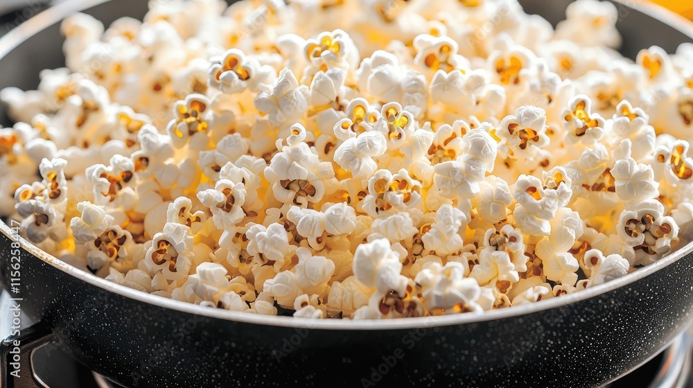 Popcorn pan concept. Freshly popped popcorn in a skillet, ready for a tasty snack or movie time. Popcorn pan concept. Freshly popped popcorn in a skillet, ready for a tasty snack or movie time.