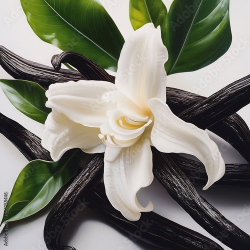 Vanilla Lily Bloom: A fragrant still life showcasing the delicate beauty of a white lily intertwined with dark vanilla beans, creating a captivating contrast of textures and colors. photo