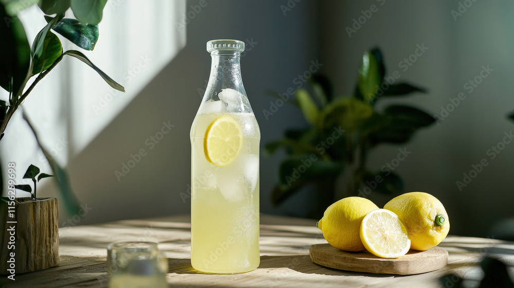 A refreshing, cold bottle of lemonade filled with ice cubes and garnished with a slice of lemon, elegantly placed on a rustic wooden table, capturing the essence of summer. A refreshing, cold bottle of lemonade filled with ice cubes and garnished with a slice of lemon, elegantly placed on a rustic wooden table, capturing the essence of summer.