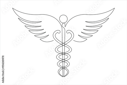  Medical symbol caduceus. Continuous one line art drawing of Vector illustration