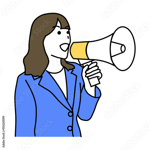 スーツ姿の女性がメガホンを使うイラスト