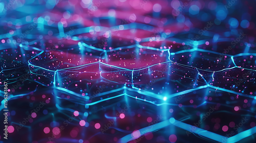 Fototapeta premium Bright Neon Blue and Pink Gradient Hexagons Form a Cutting-Edge Technology Aesthetic for a Modern Digital Experience