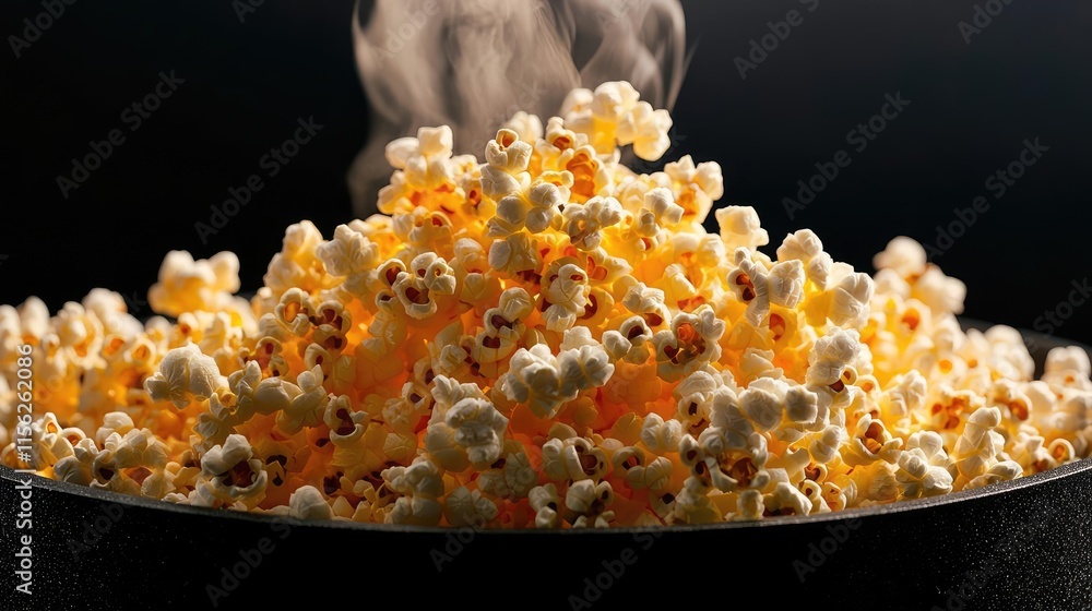 Popcorn pan concept. Freshly popped popcorn with steam, perfect for movie nights or snacking. Popcorn pan concept. Freshly popped popcorn with steam, perfect for movie nights or snacking.