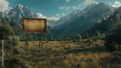 Rustic Wooden Sign Standing Proudly in Lush Grassy Field Surrounded by Majestic Mountains in a Bright Clear Blue Sky Embracing Nature's Beauty