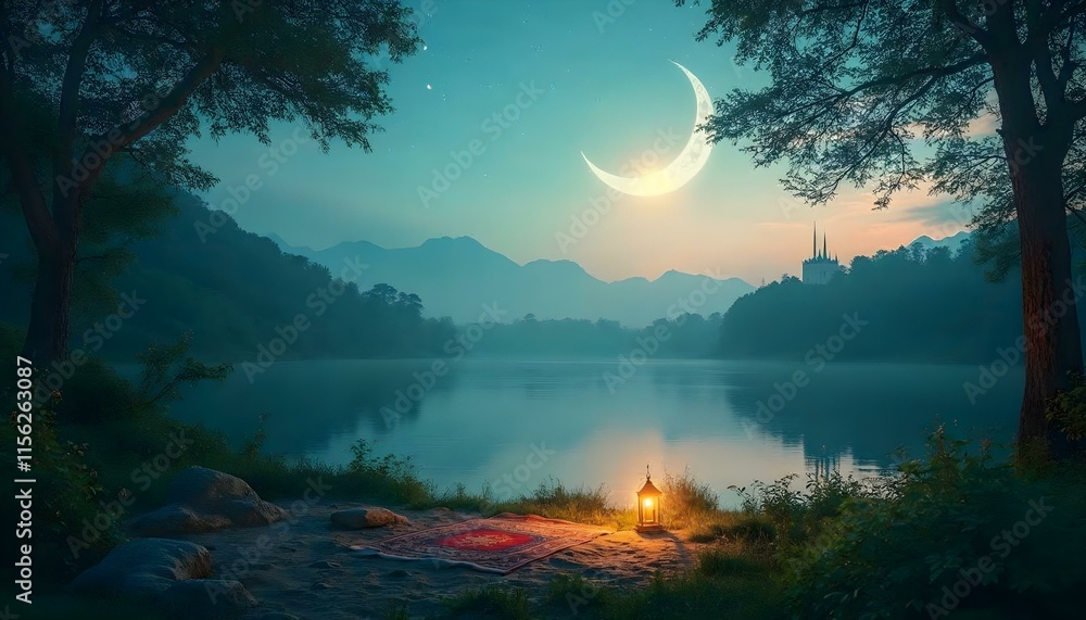 Serene Nightscape: Crescent Moon over Tranquil Lake Serene Nightscape: Crescent Moon over Tranquil Lake