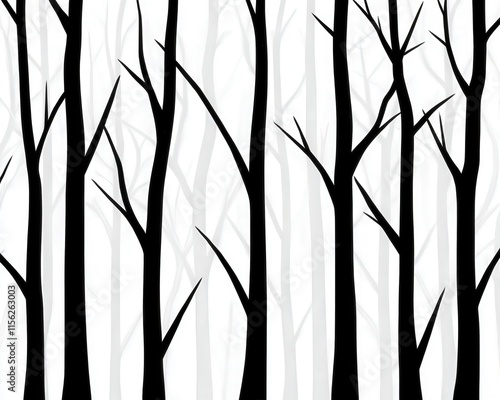 A minimalist illustration of bare trees with a white background, creating a stark and artistic representation of a forest. The design evokes a sense of tranquility and isolation. photo