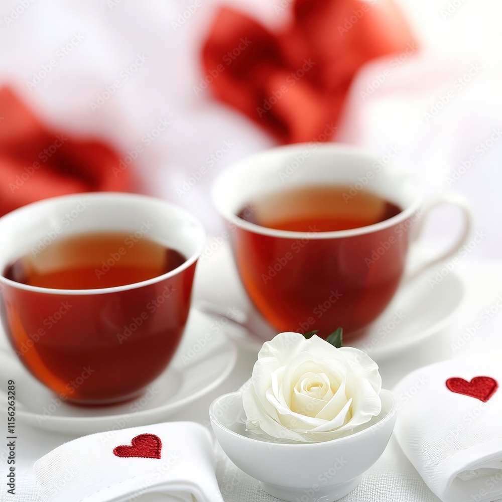 This image features two cups of tea on saucers, accompanied by a decorative white rose and napkins with red heart motifs, suggesting a romantic or cozy atmosphere. This image features two cups of tea on saucers, accompanied by a decorative white rose and napkins with red heart motifs, suggesting a romantic or cozy atmosphere.