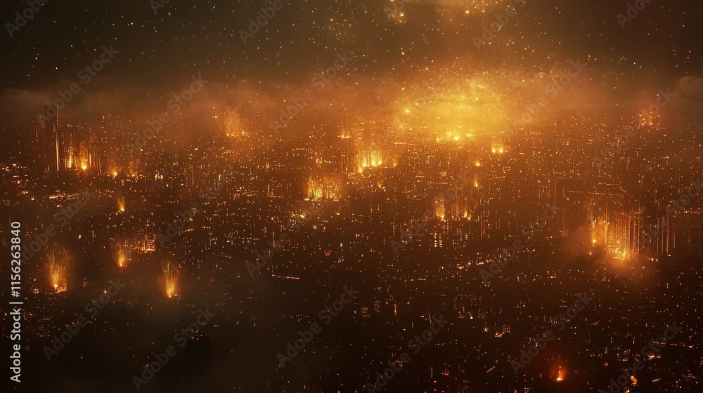 Naklejka premium Night cityscape engulfed in fiery orange glow.