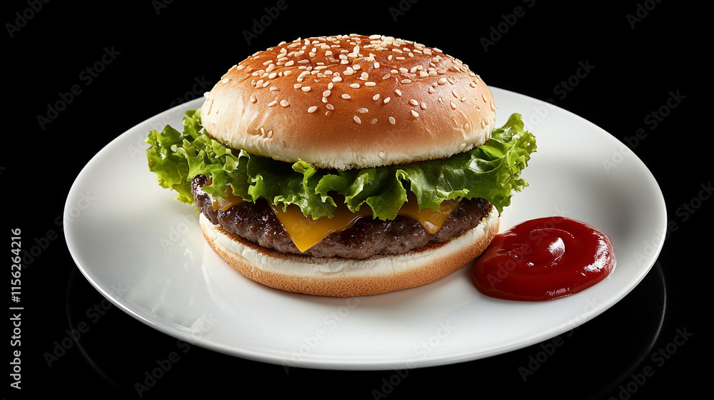 Delicious cheeseburger served on a plate with lettuce and ketchup. Delicious cheeseburger served on a plate with lettuce and ketchup.