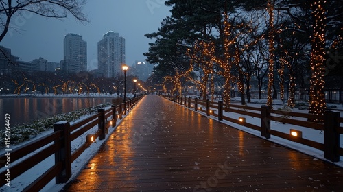 Enchanting Wooden Walkway Illuminated by Soft Warm Lights Leading Through a Tranquil Natural Setting Evoking Peaceful Evening Ambiance and Serenity