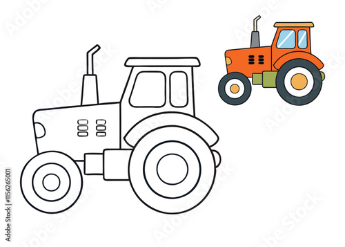 A fun tractor coloring page featuring a large, detailed tractor with wheels, a cab, and an attached plow. Perfect for kids to color and learn about farming machinery!
