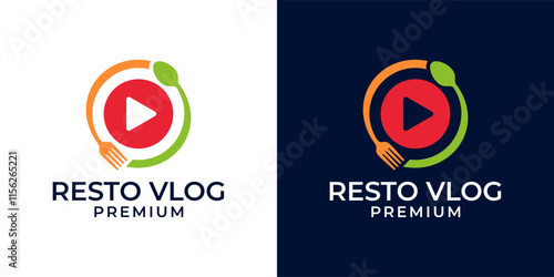 Food video logo design vector template. Cooking video logo with camera, spoon, and fork. Food vlog design. Vector logo design of food, video, restaurant, review, vlog, TV, fork, spoon.