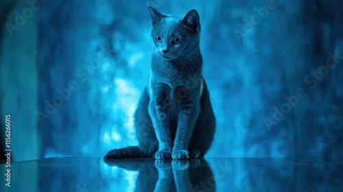 Blue-eyed cat sitting on a reflective surface against a blurred blue background. photo