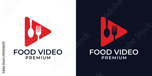 Food video logo design vector template. Food vlog logo template. Chef channel logo. Vector logo design of food, eatery, play, video, restaurant, review, vlog, tv, fork, spoon, illustration.