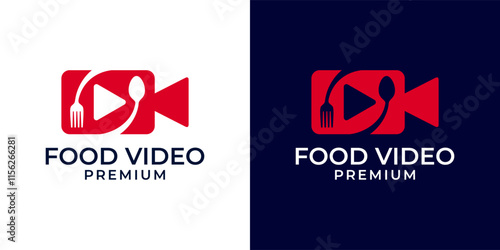 Food video logo design vector template. Food vlog logo template. Chef channel logo. Vector logo design of food, eatery, play, video, restaurant, review, vlog, tv, fork, spoon, illustration.